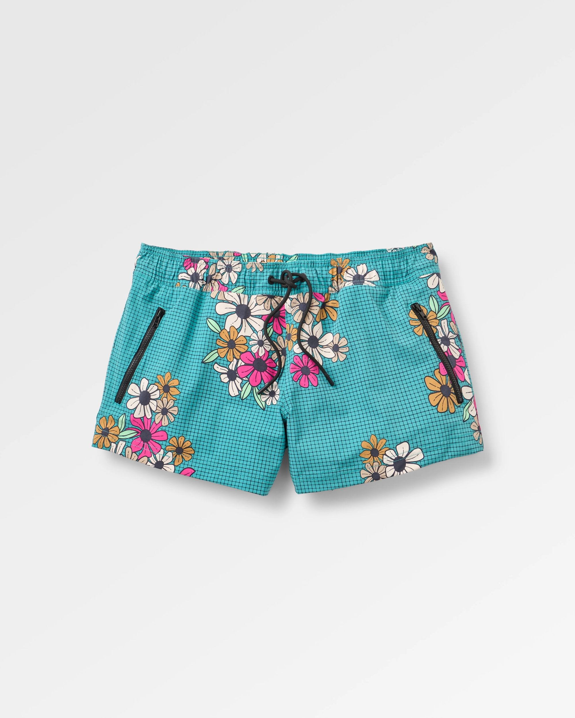 Way Out Short - Floral Grid Ocean Teal - Flatlay
