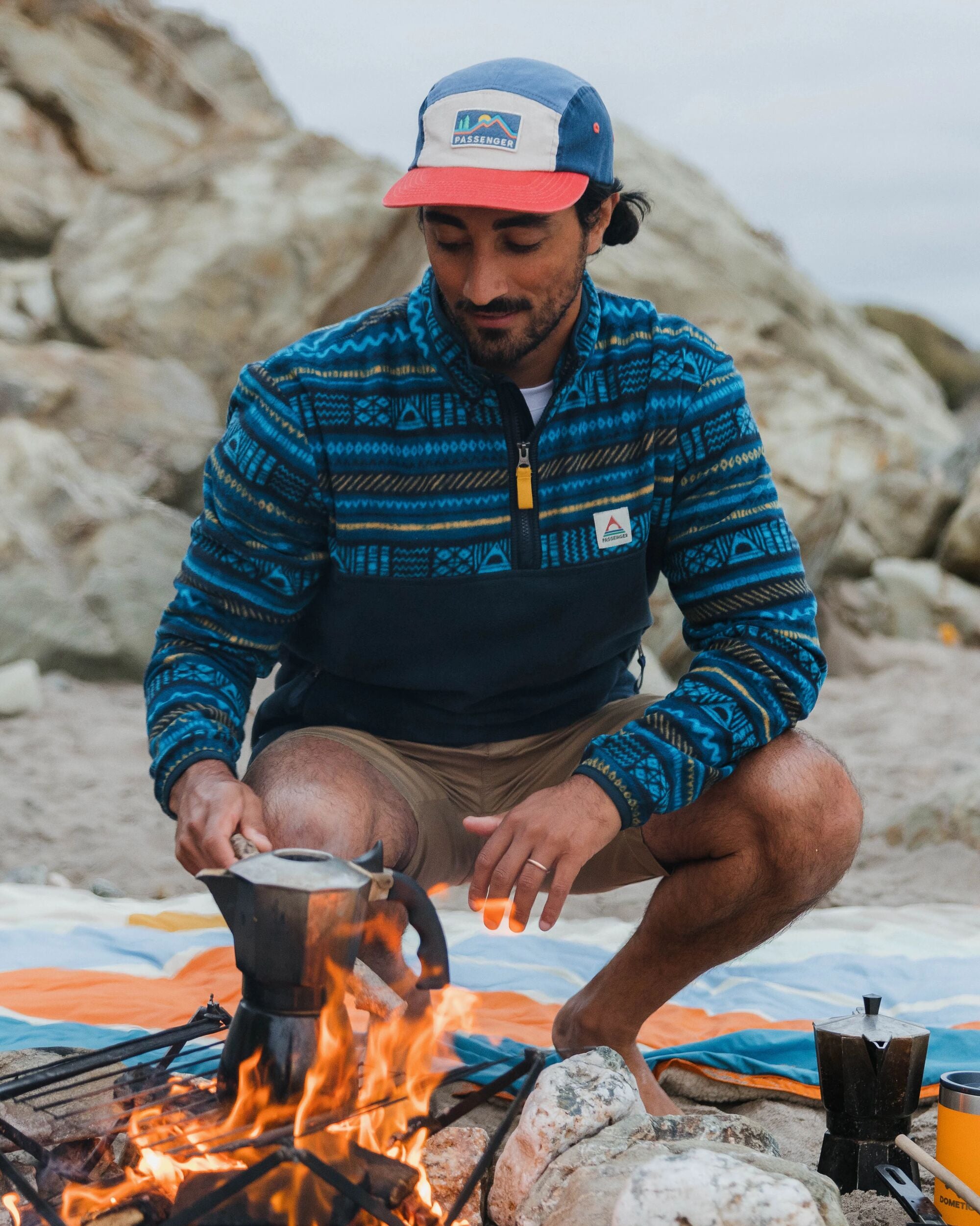 Set Off Recycled Polar 1/4 Zip Fleece - Patchwork Stripe Tidal Blue/ Deep Navy - Lifestyle