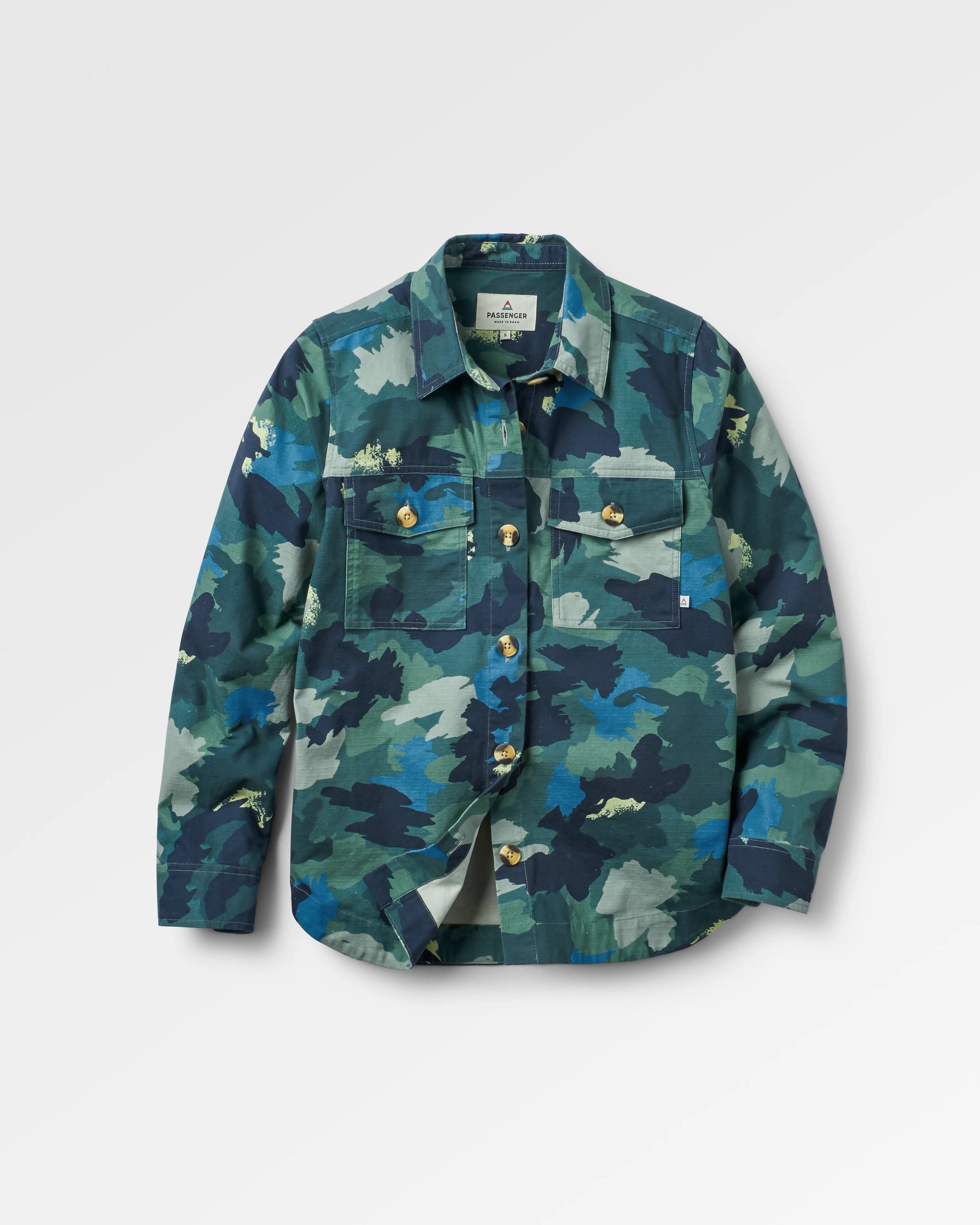 Coral Organic Cotton LS Shirt - Alpine Camo Rain Forest - Flatlay