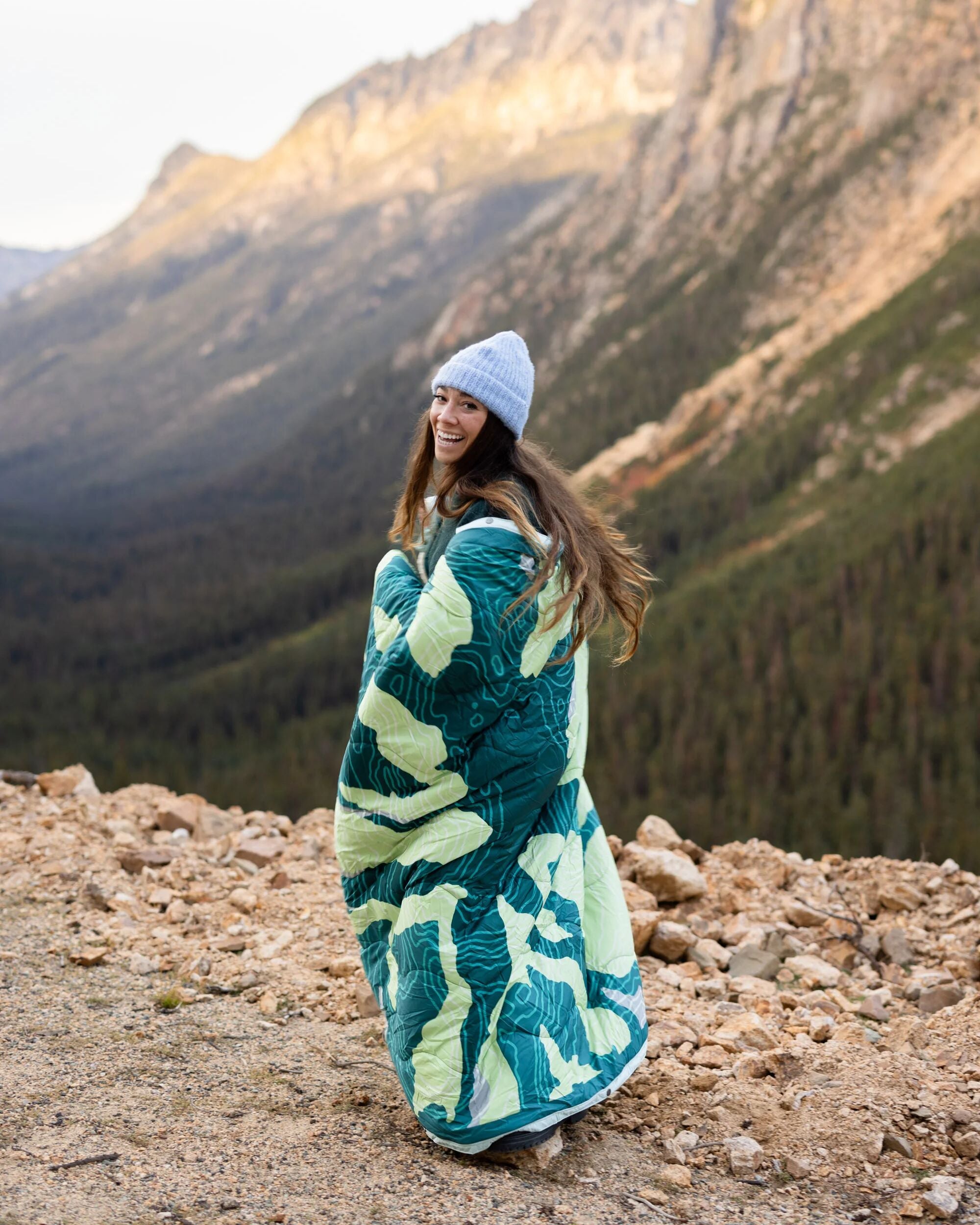 Cabin Recycled Sherpa Blanket - Abstract Mountain Green - Lifestyle - Female