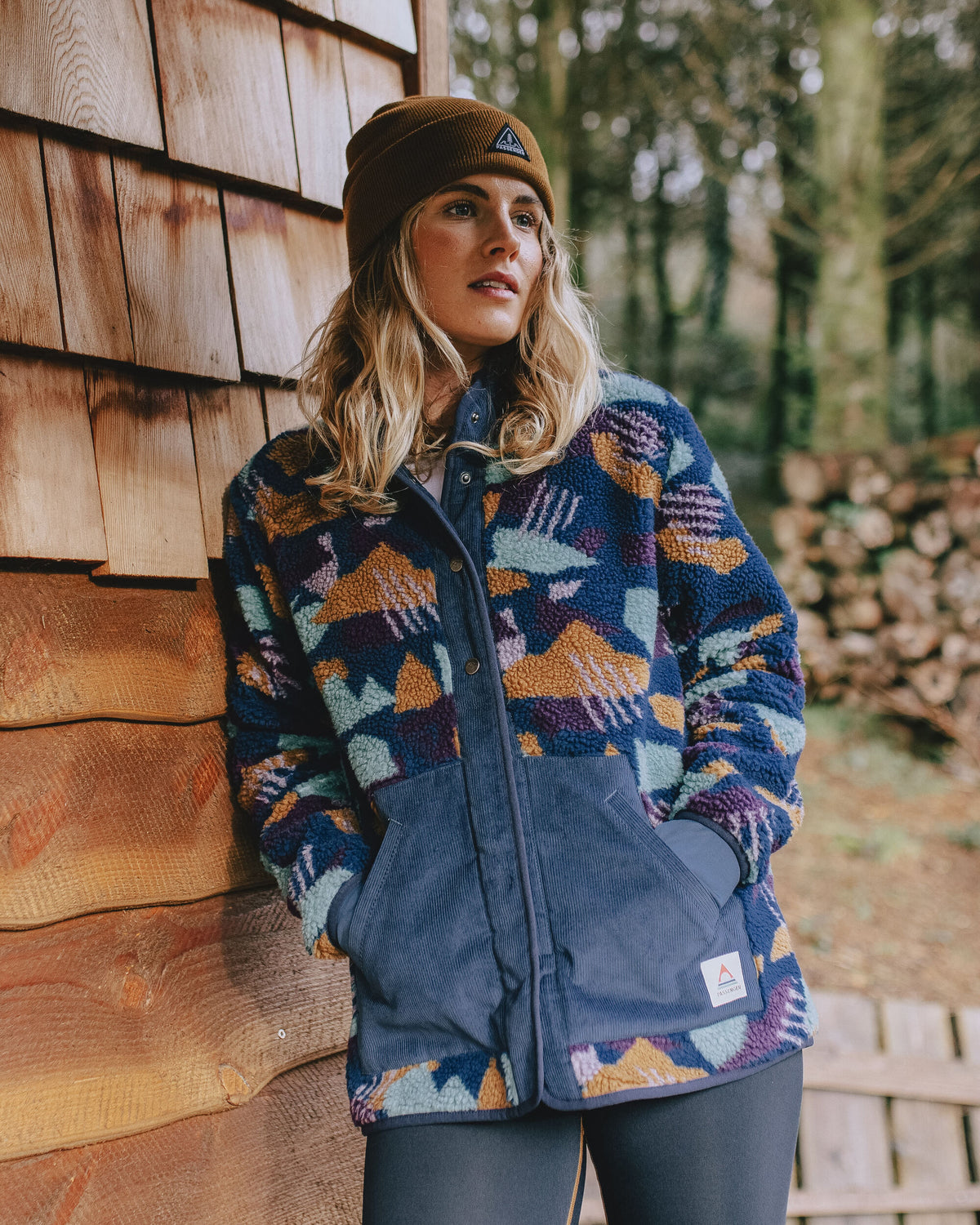Clover Recycled Cotton-Lined Sherpa Fleece - Deep Blue Camo Pattern - Lifestyle