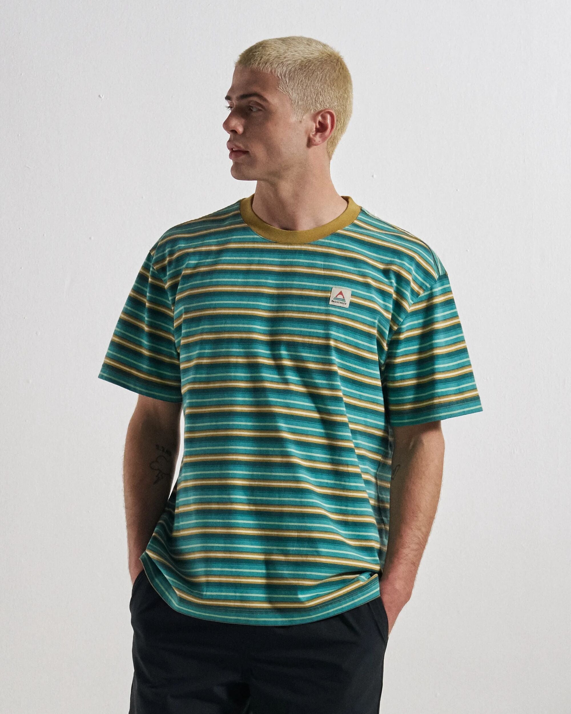 Retro Relaxed Fit T-Shirt - Ocean Teal Multi Stripe - Studio Model