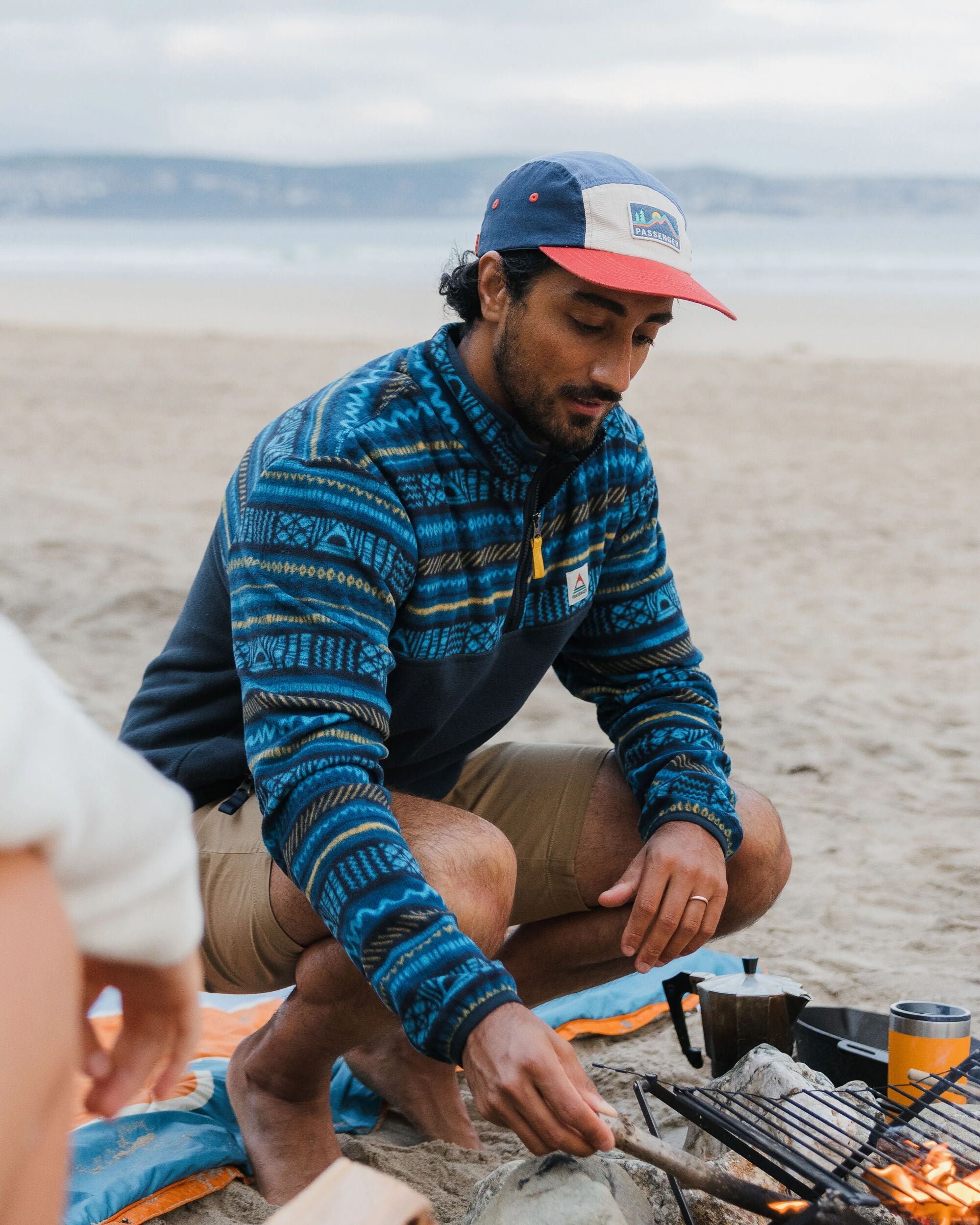 Set Off Recycled Polar 1/4 Zip Fleece - Patchwork Stripe Tidal Blue/ Deep Navy - Lifestyle