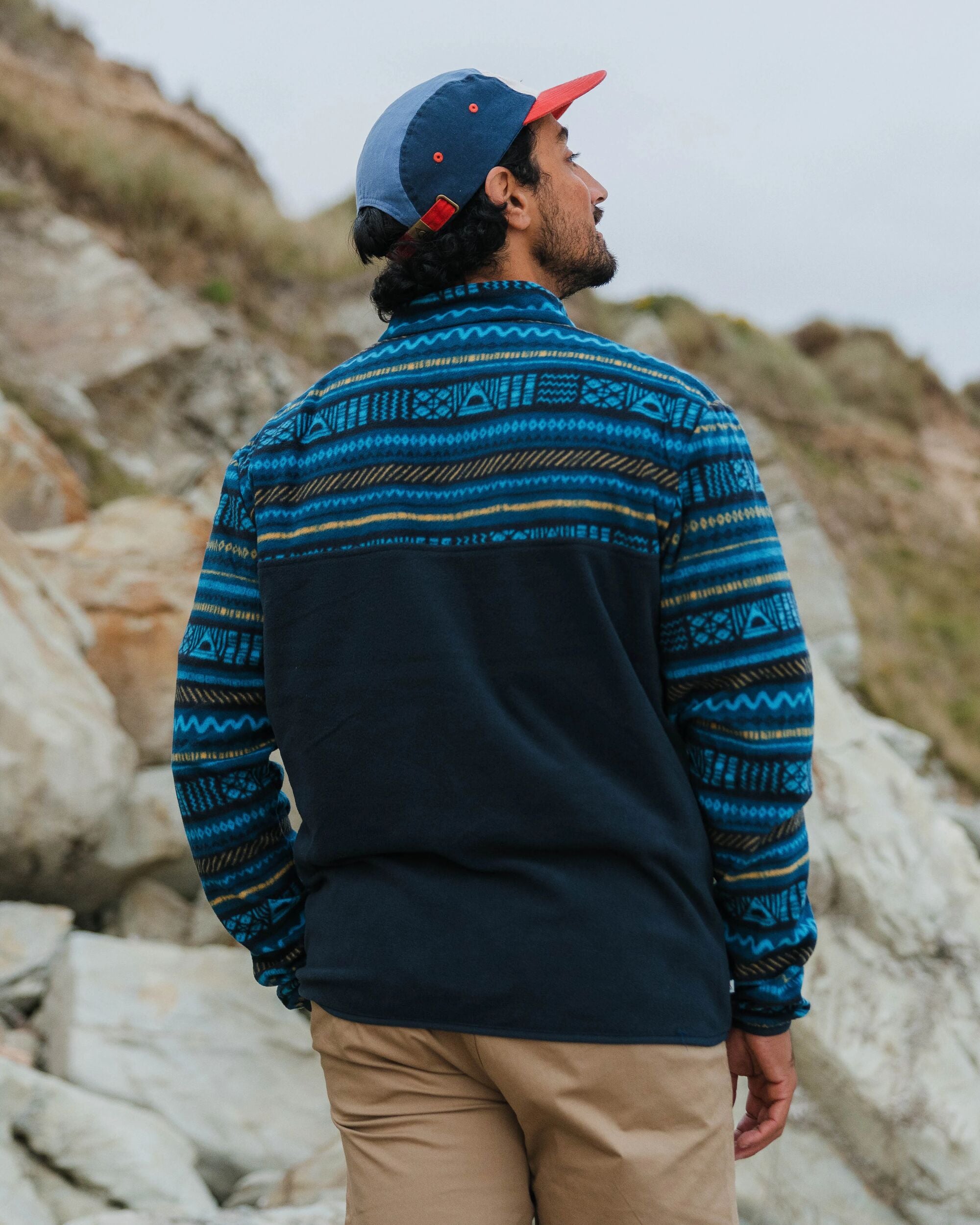 Set Off Recycled Polar 1/4 Zip Fleece - Patchwork Stripe Tidal Blue/ Deep Navy - Lifestyle