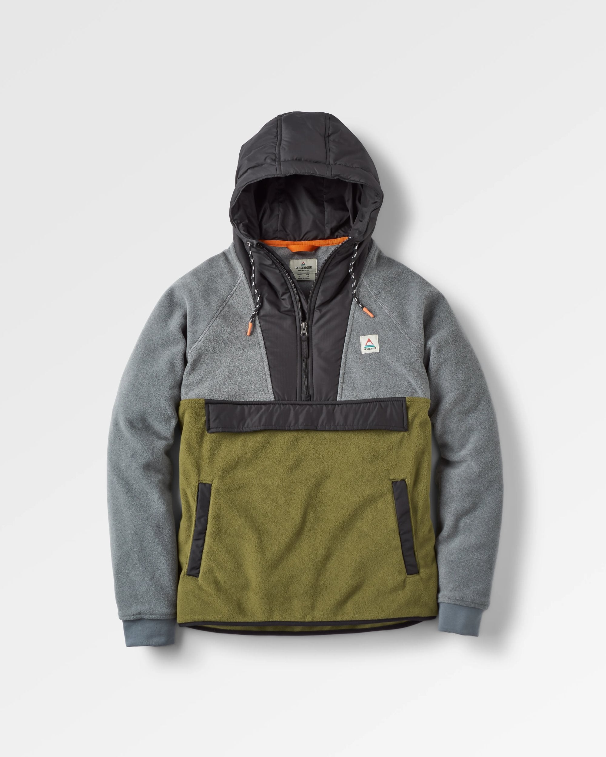 Woodland Hooded 1/2 Zip Recycled Polar Fleece - Grey Marl/Khaki - Flatlay