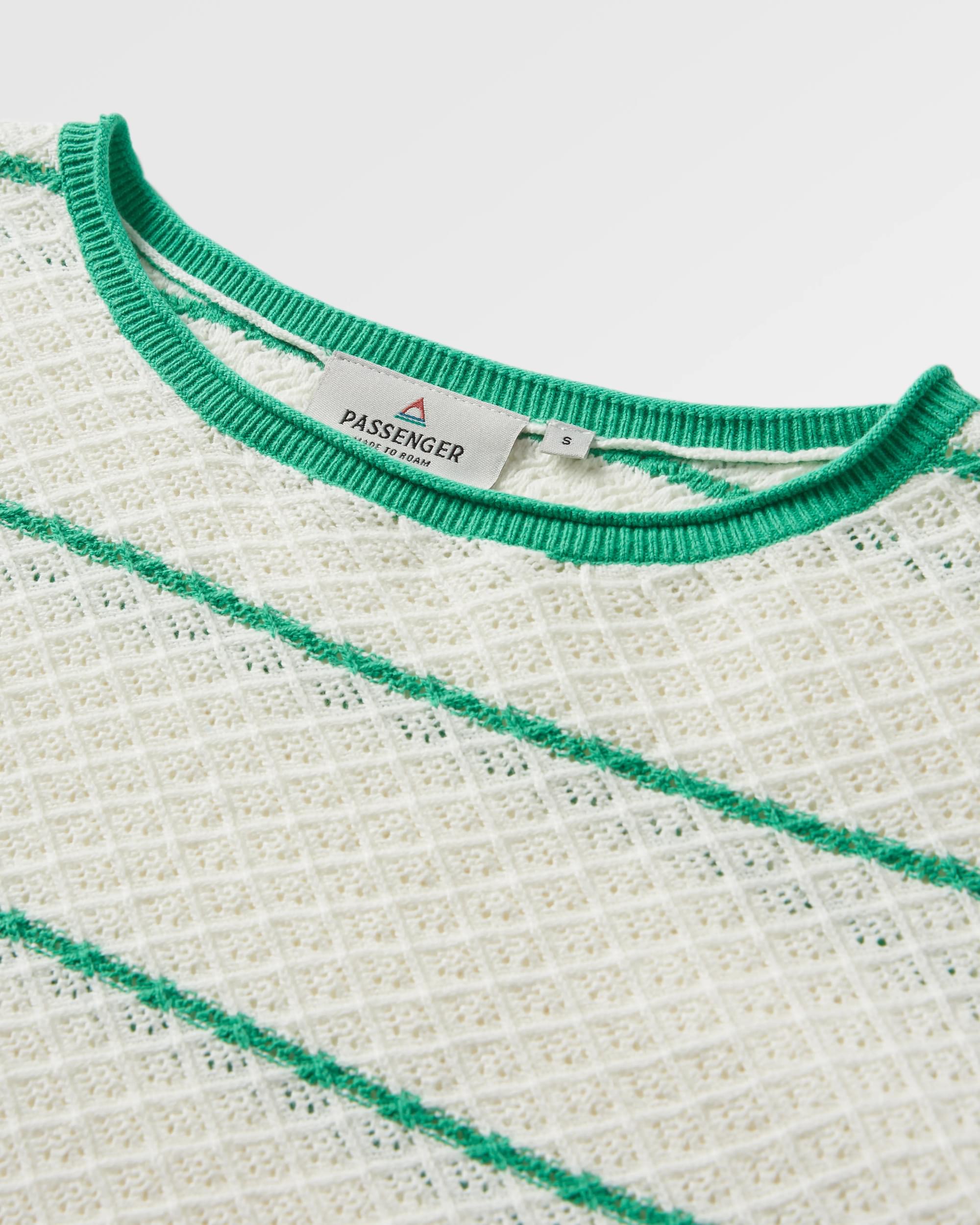 Migrate Organic Knitted Jumper - Green spruce stripe - Flatlay