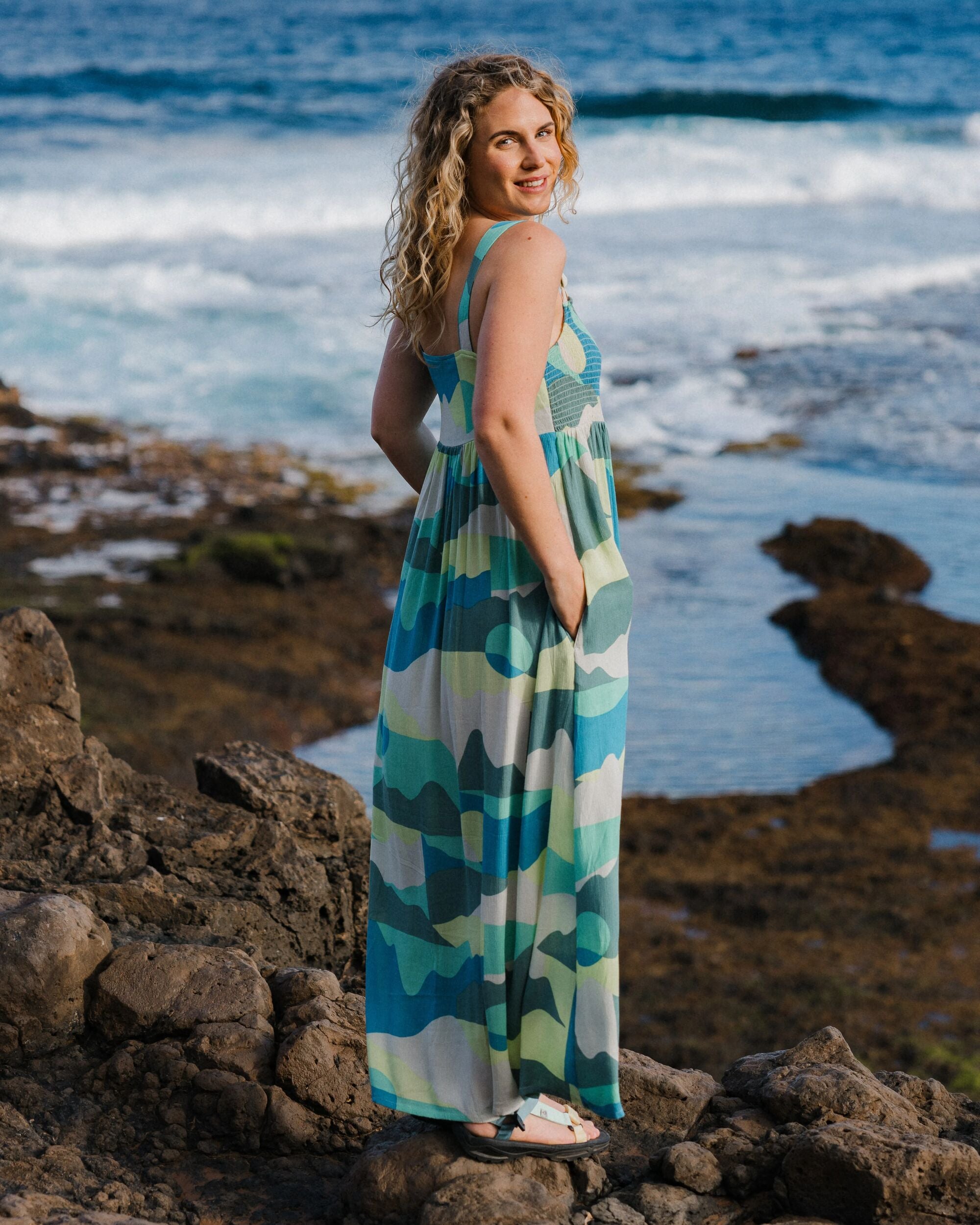 Soleis Woven Maxi Dress - Vista Patchwork Aqua - Lifestyle