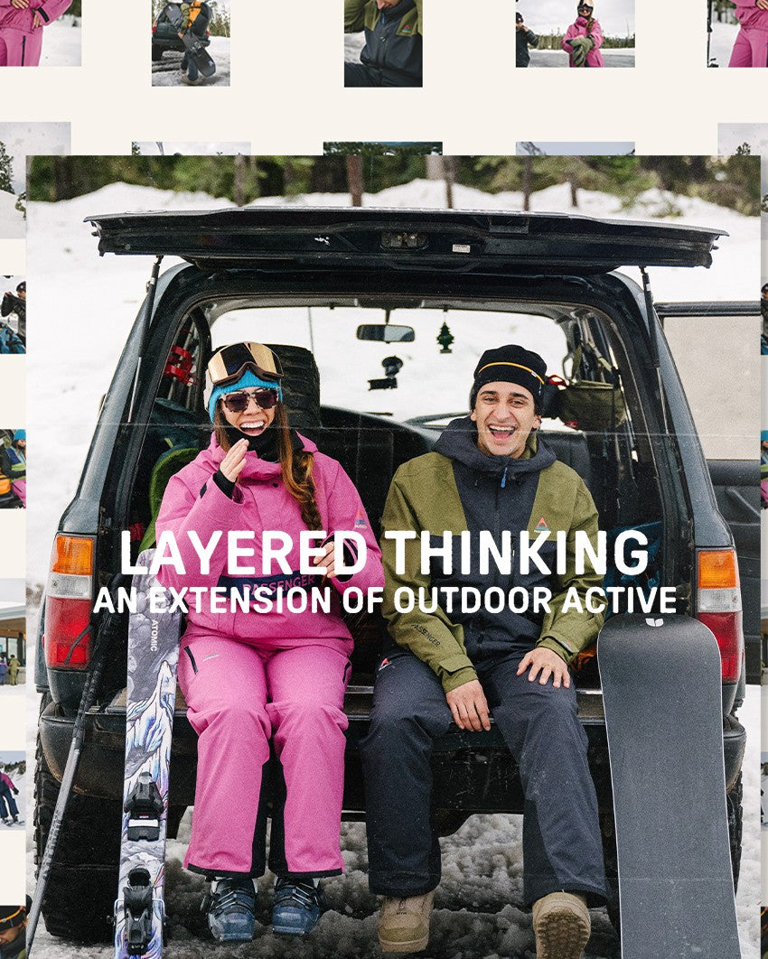 A series of images depicting how you can layer up your clothes underneath the Passenger snow collection