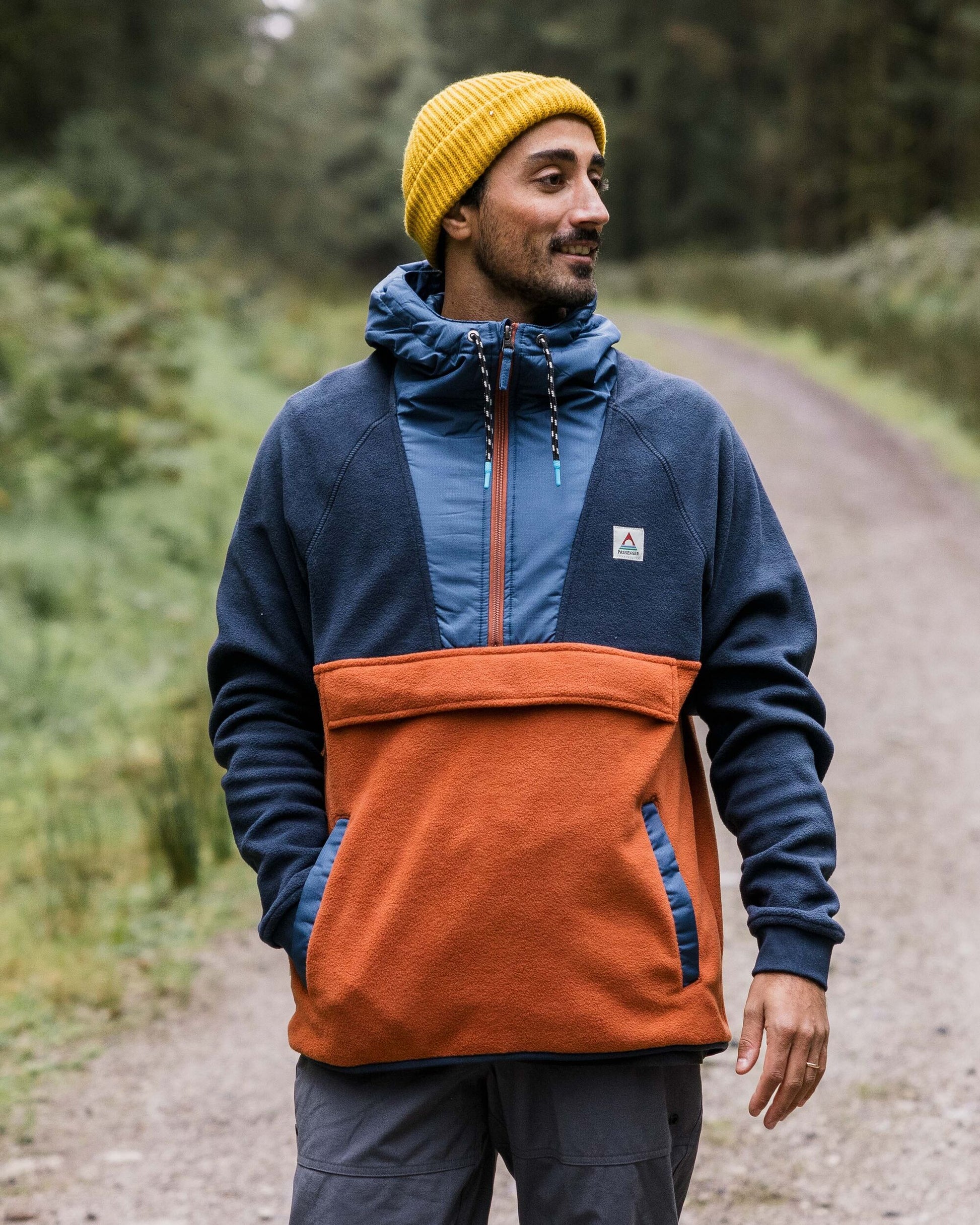 Woodland Hooded 1/2 Zip Recycled Polar Fleece - Deep Navy/Baked Clay - Lifestyle