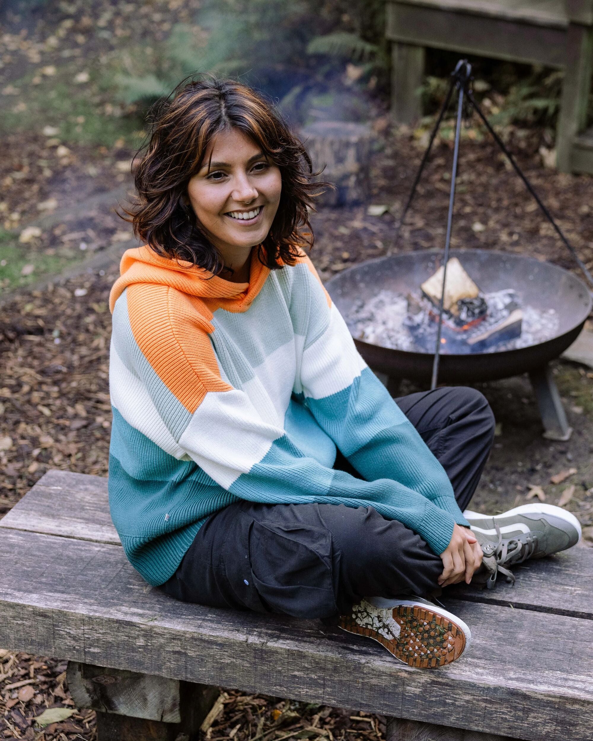 Moments Oversized Organic Cotton Knitted Hoodie - Multi Stripe - Lifestyle