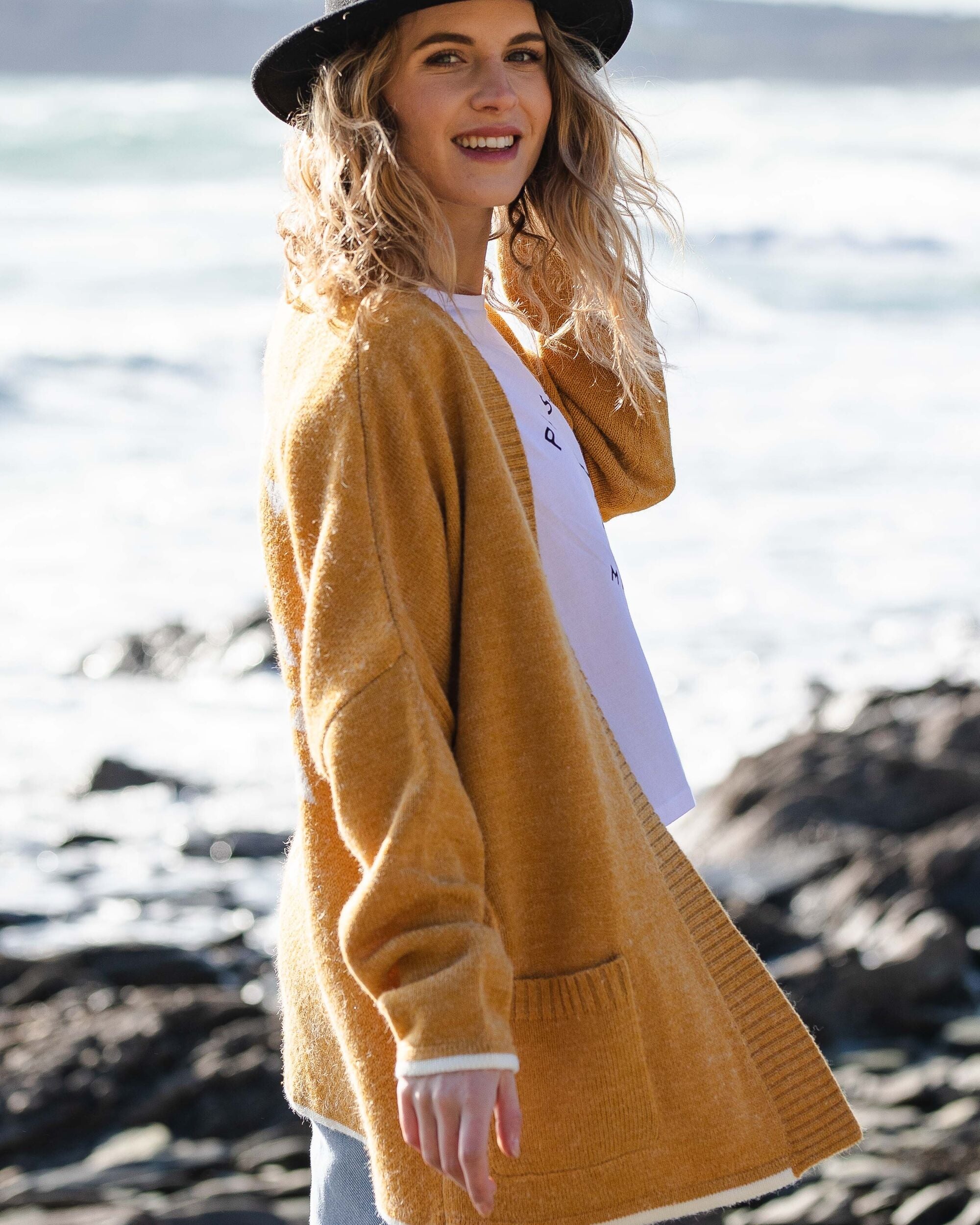 West Coast Recycled Knitted Cardigan - Sunset Yellow Marl - Lifestyle