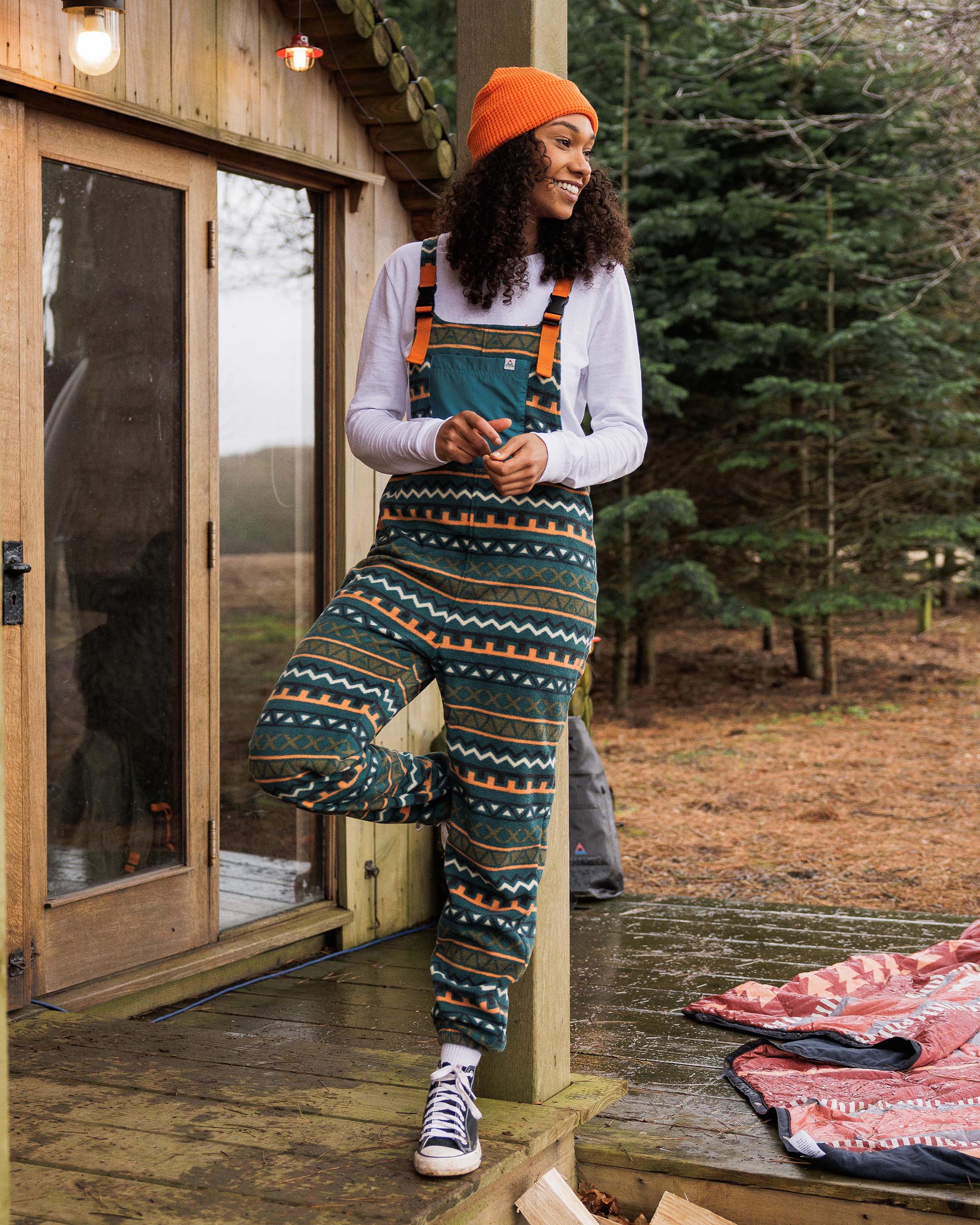 Ace Recycled Polar Fleece Dungarees - Retro Geo Mediterranean - Lifestyle