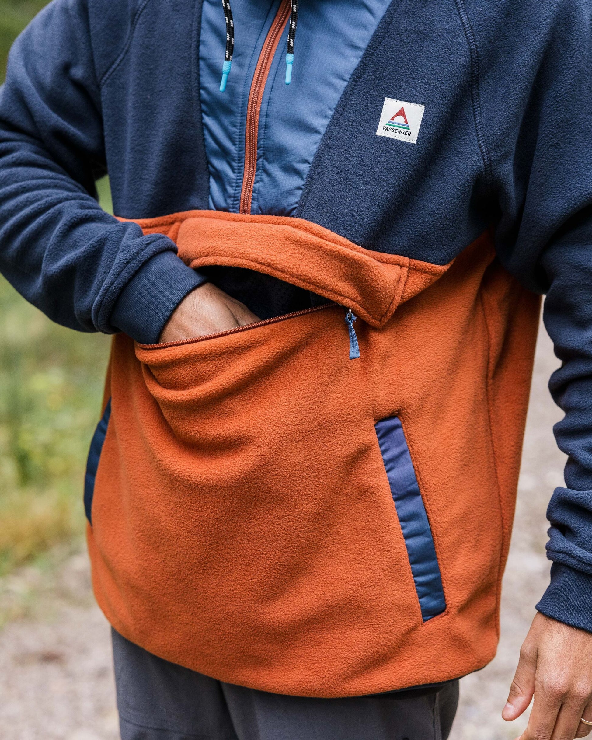Woodland Hooded 1/2 Zip Recycled Polar Fleece - Deep Navy/Baked Clay - Lifestyle
