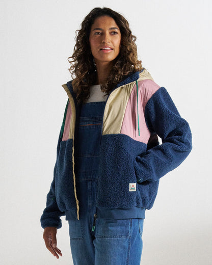 Joy Full Zip Hooded Sherpa Fleece - Dark Denim/Feather - Studio Model