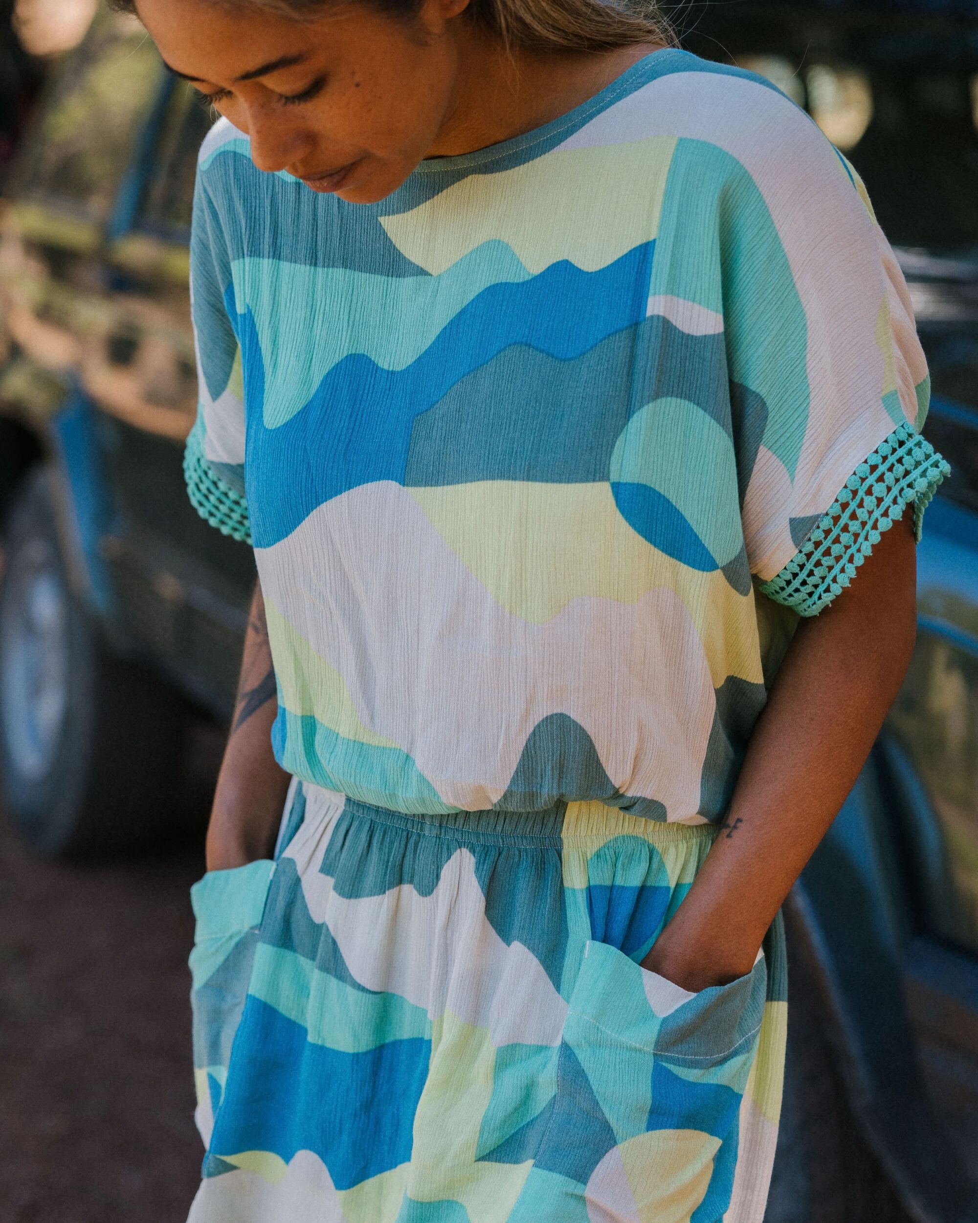 Clarity Short Skort Dress - Vista Patchwork Aqua - Lifestyle