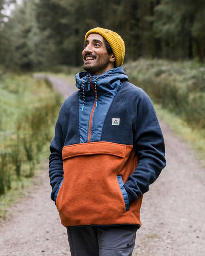 Woodland Hooded 1/2 Zip Recycled Polar Fleece - Deep Navy/Baked Clay - Lifestyle