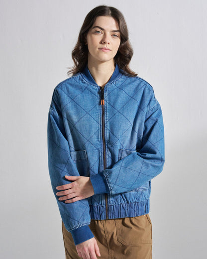 Lucia Sherpa Lined Bomber Jacket - Denim Blue - Studio Model