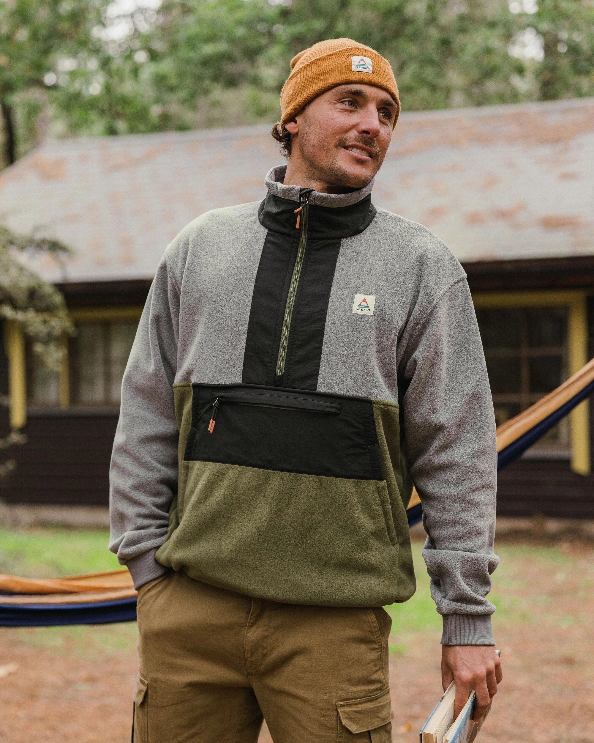 Woodland Hoodless Recycled Polartec® Fleece - Grey Marl/Khaki - Lifestyle