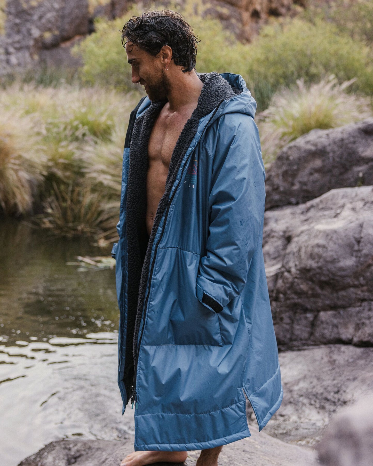 Escapism Recycled Sherpa Lined Changing Robe - Moonlight Blue - Lifestyle
