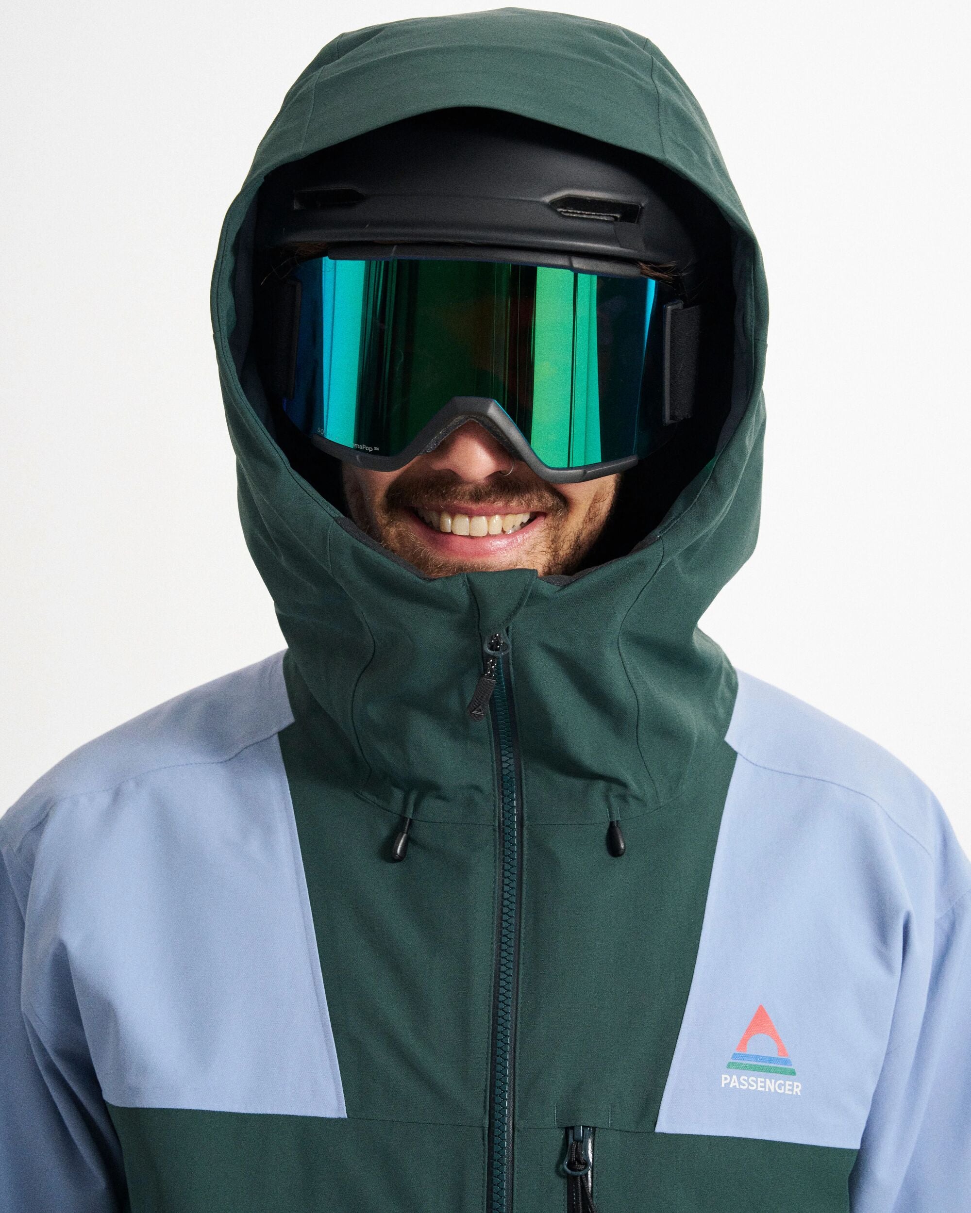 Snowscape Men's Recycled Jacket - Faded Denim/Dark Fern - Studio Model