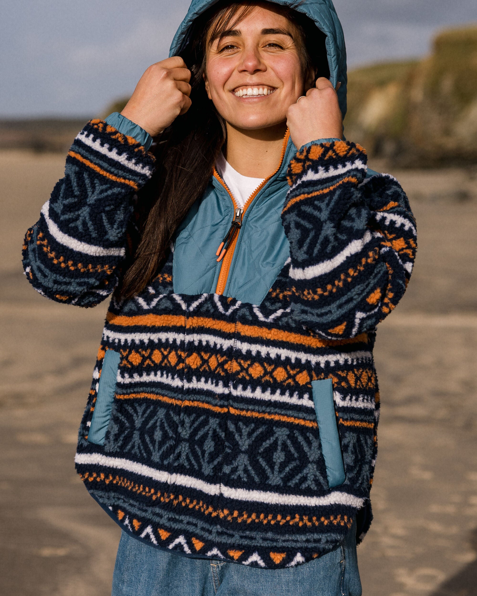 Beaumont Recycled Sherpa Hooded Fleece - Homespun Stripe Navy - Lifestyle