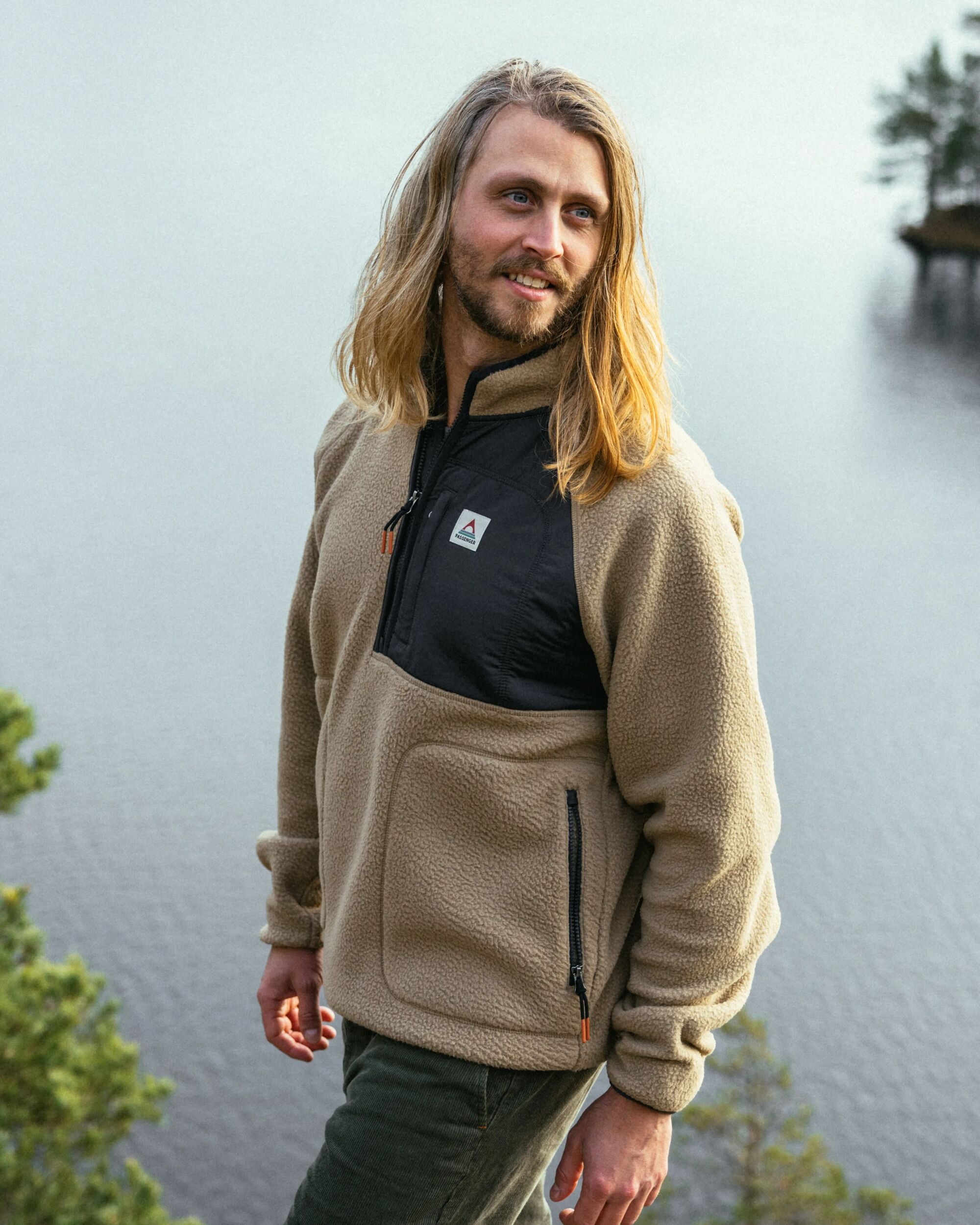 Offgrid 1/2 Zip Recycled Sherpa Fleece - Biscuit - Lifestyle