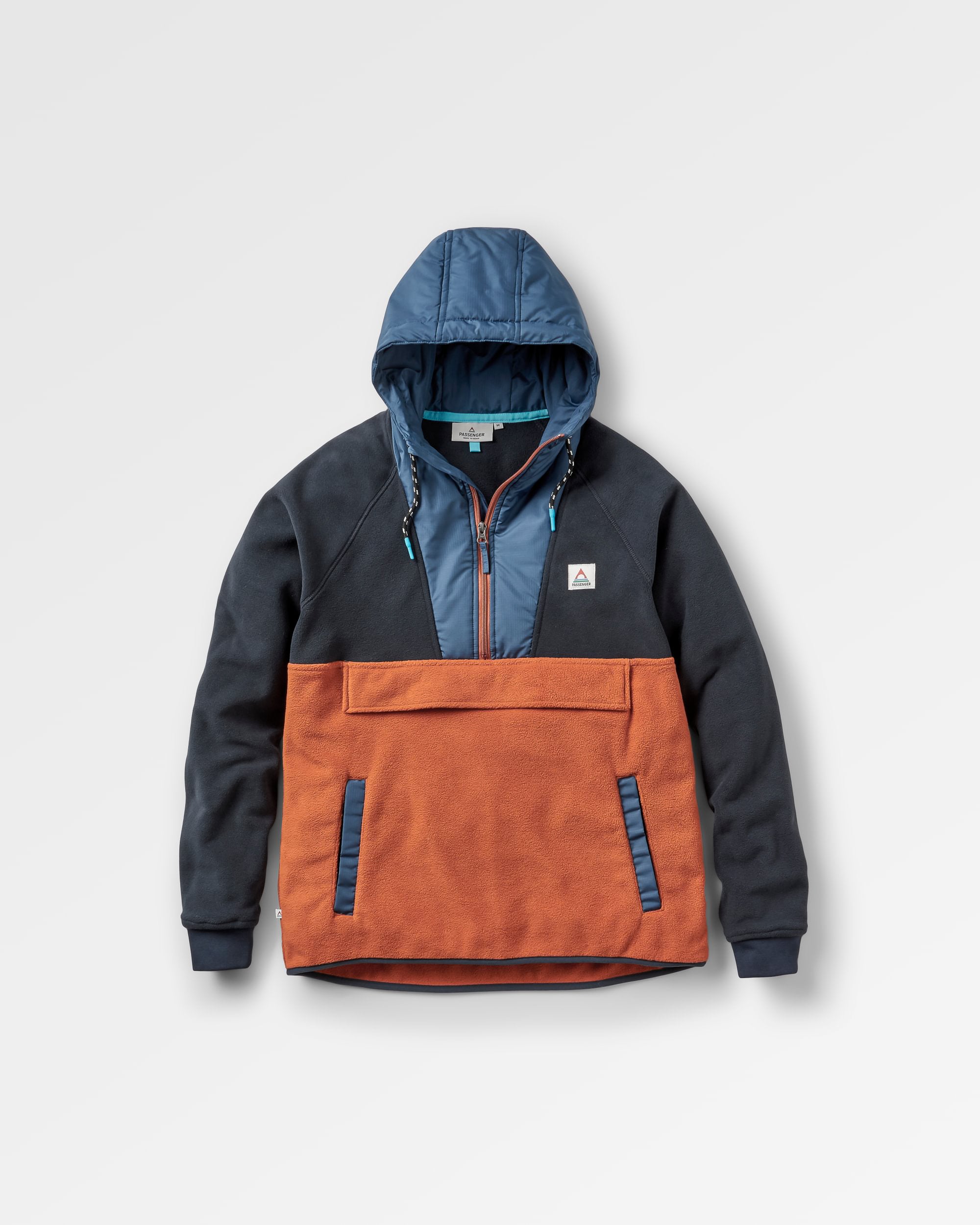 Woodland Hooded 1/2 Zip Recycled Polar Fleece - Deep Navy/Baked Clay - Flatlay