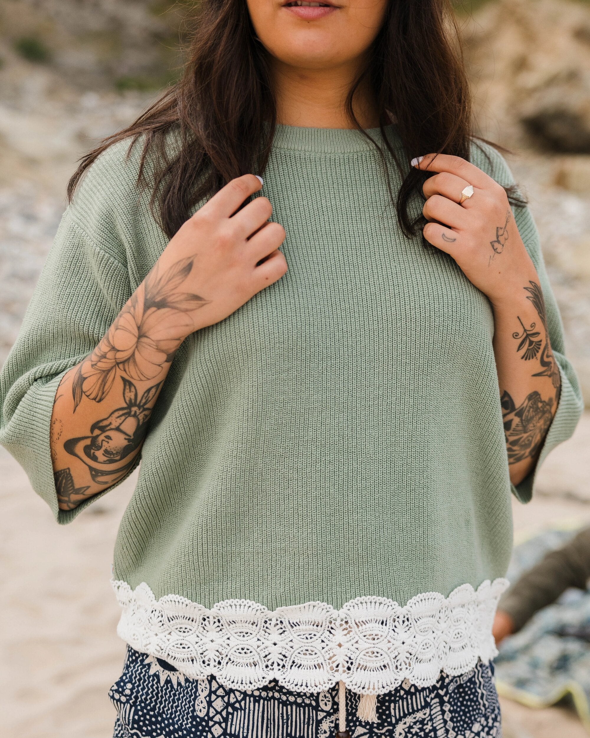 Vintage Organic Knitted Jumper - Pistachio - Lifestyle