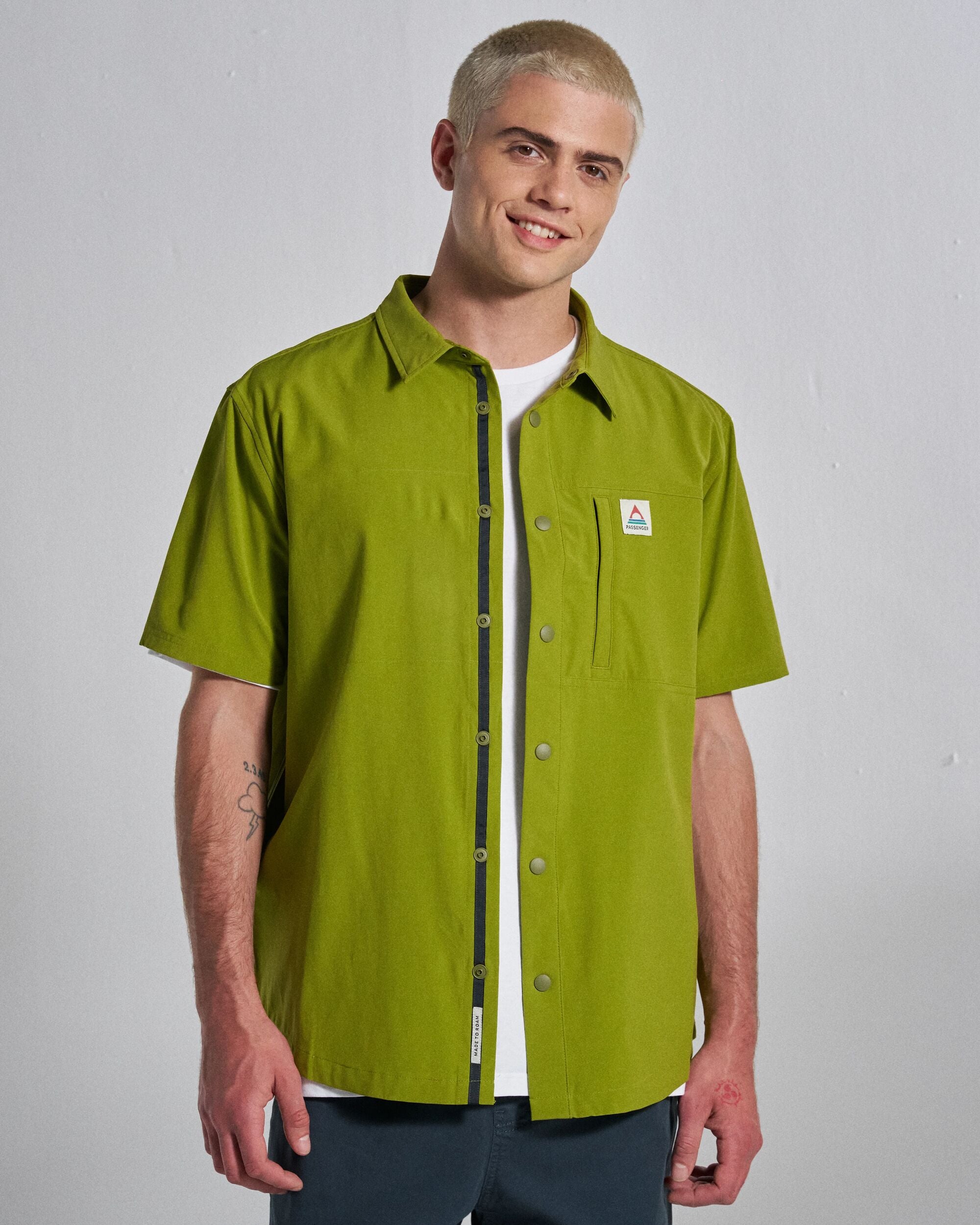 Traveller Short Sleeve Stretch Shirt - Tea Green - Studio Model