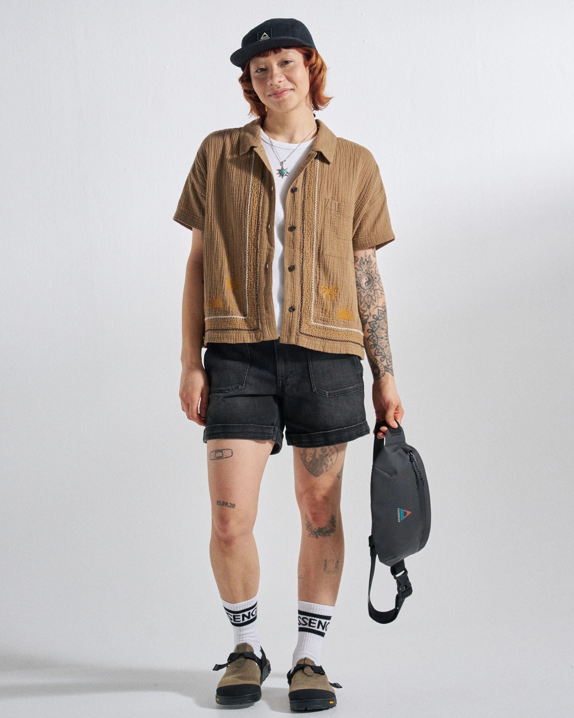 Waveney Short Sleeve Cotton Shirt - Caramel Brown - Studio Model