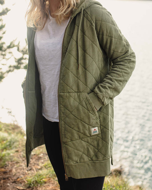 Getaway Recycled Cotton Quilted Full Zip Hoodie - Khaki